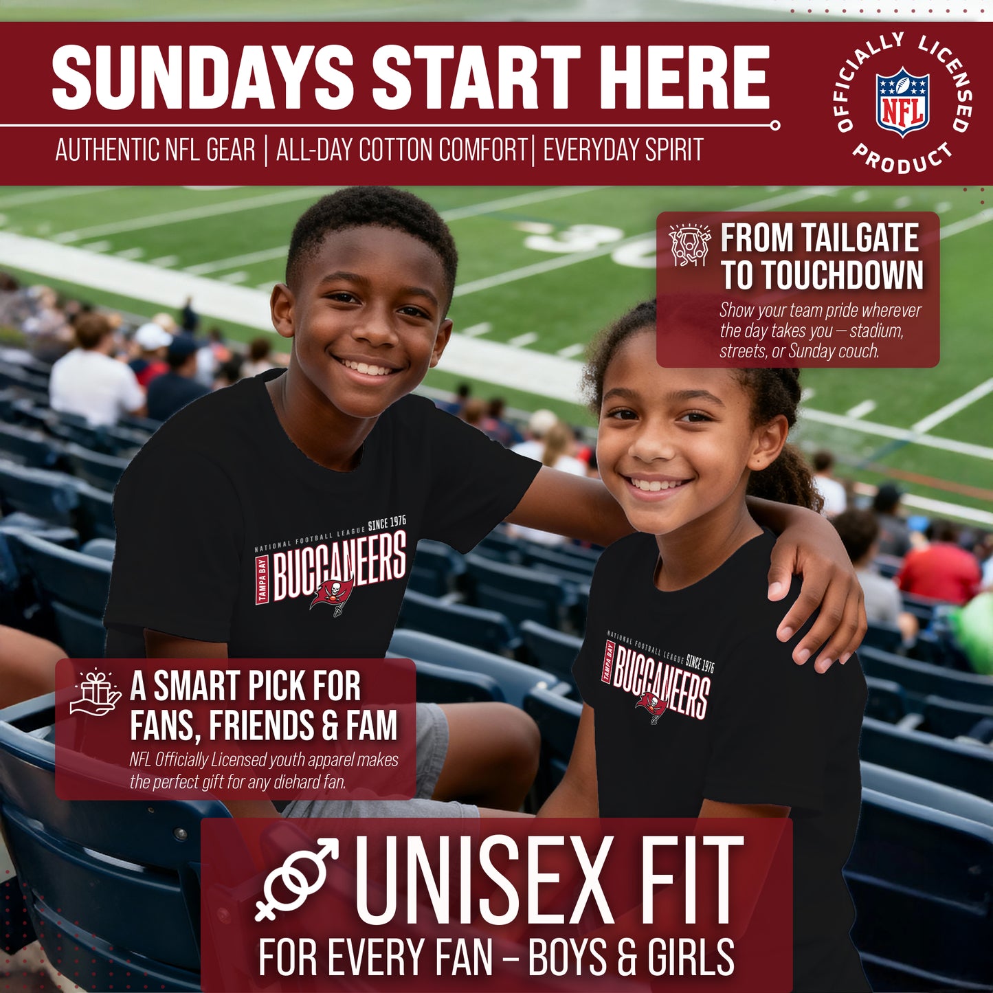 Tampa Bay Buccaneers NFL Youth Modern Endzone Football T-Shirt Unisex Tag Free Comfortable - Black