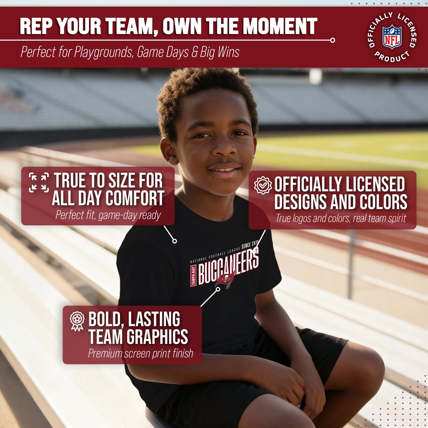 Tampa Bay Buccaneers NFL Youth Modern Endzone Football T-Shirt Unisex Tag Free Comfortable - Black