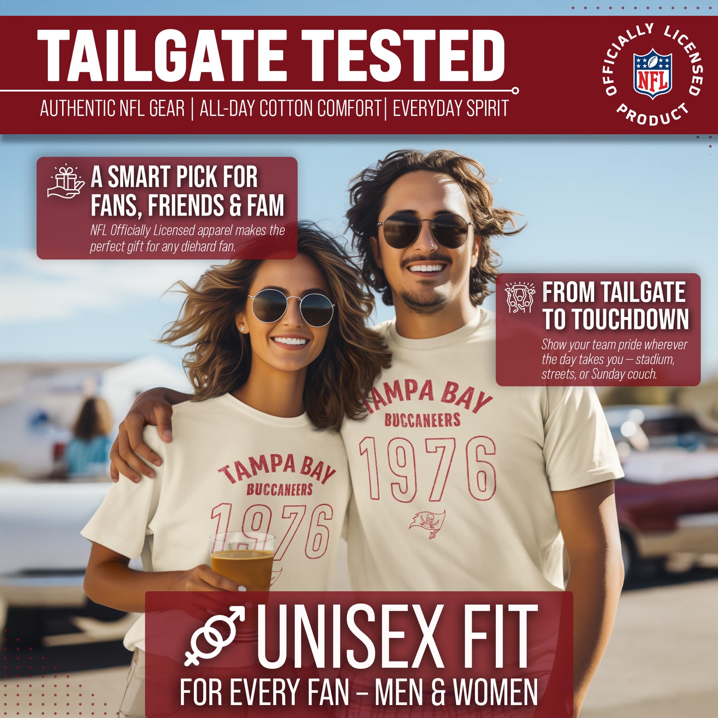 Tampa Bay Buccaneers NFL Adult Big Date Tag-Less T-Shirt - Natural