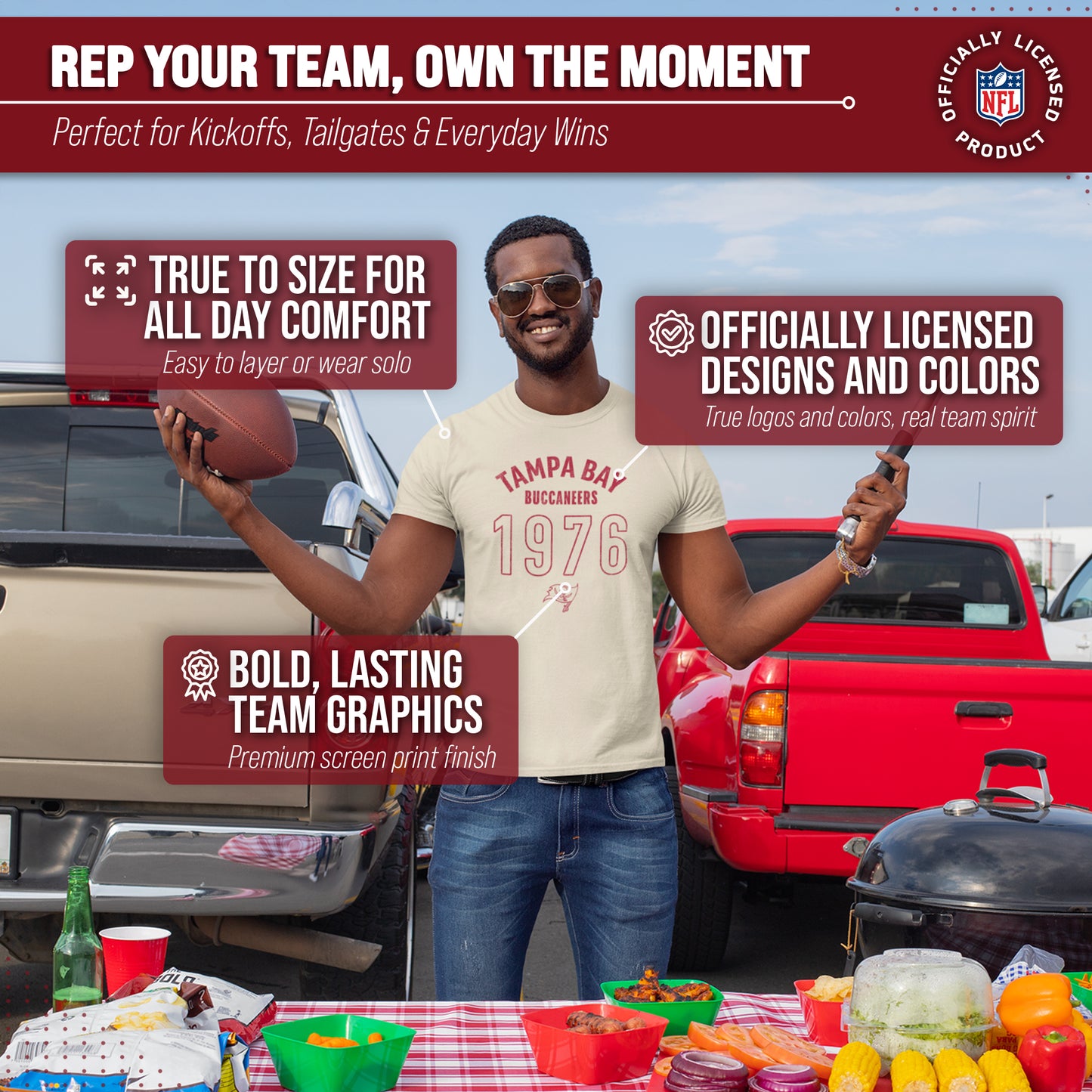 Tampa Bay Buccaneers NFL Adult Big Date Tag-Less T-Shirt - Natural