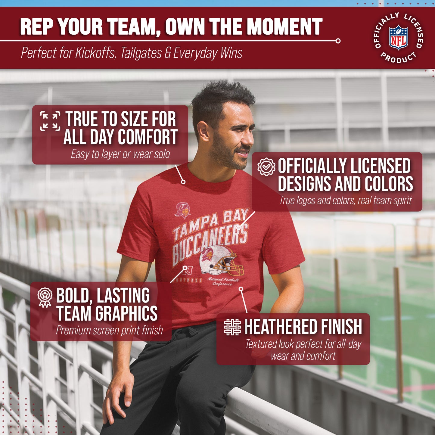 Tampa Bay Buccaneers NFL Adult Distressed Helmet Tag-Less T-Shirt - Red Heather