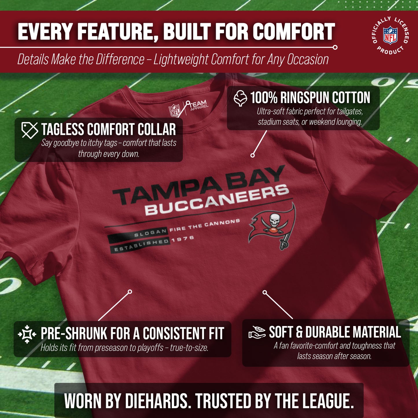 Tampa Bay Buccaneers Adult NFL Speed Stat Sheet T-Shirt - Cardinal