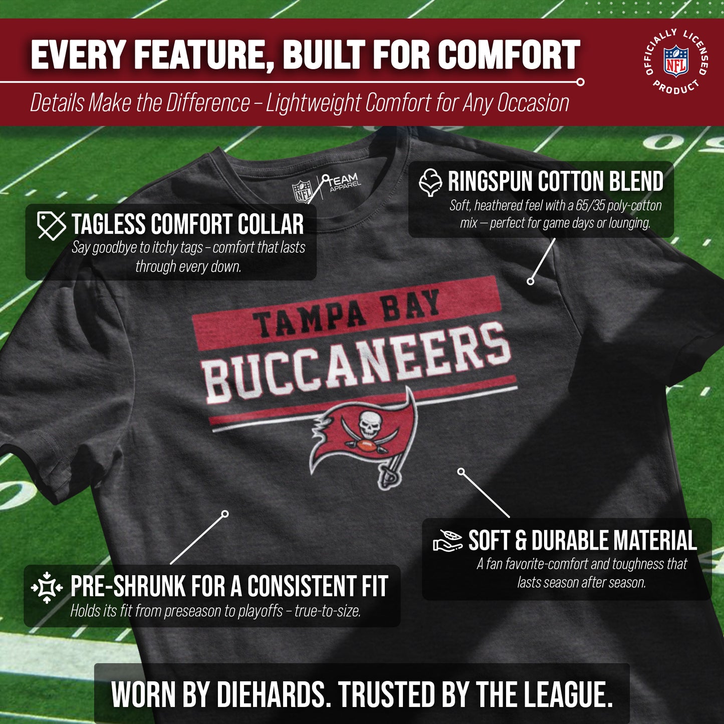 Tampa Bay Buccaneers NFL Adult Team Block Tagless T-Shirt - Charcoal