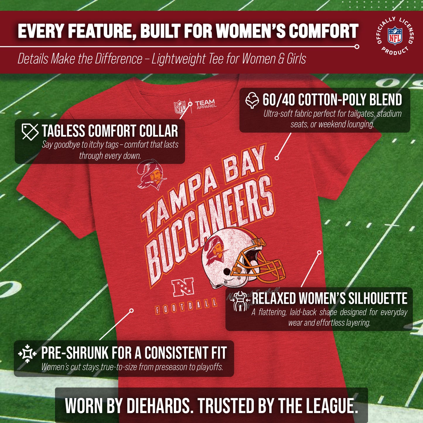 Tampa Bay Buccaneers NFL Womens Distressed Helmet Tag-Less Soft T-Shirt - Red Heather