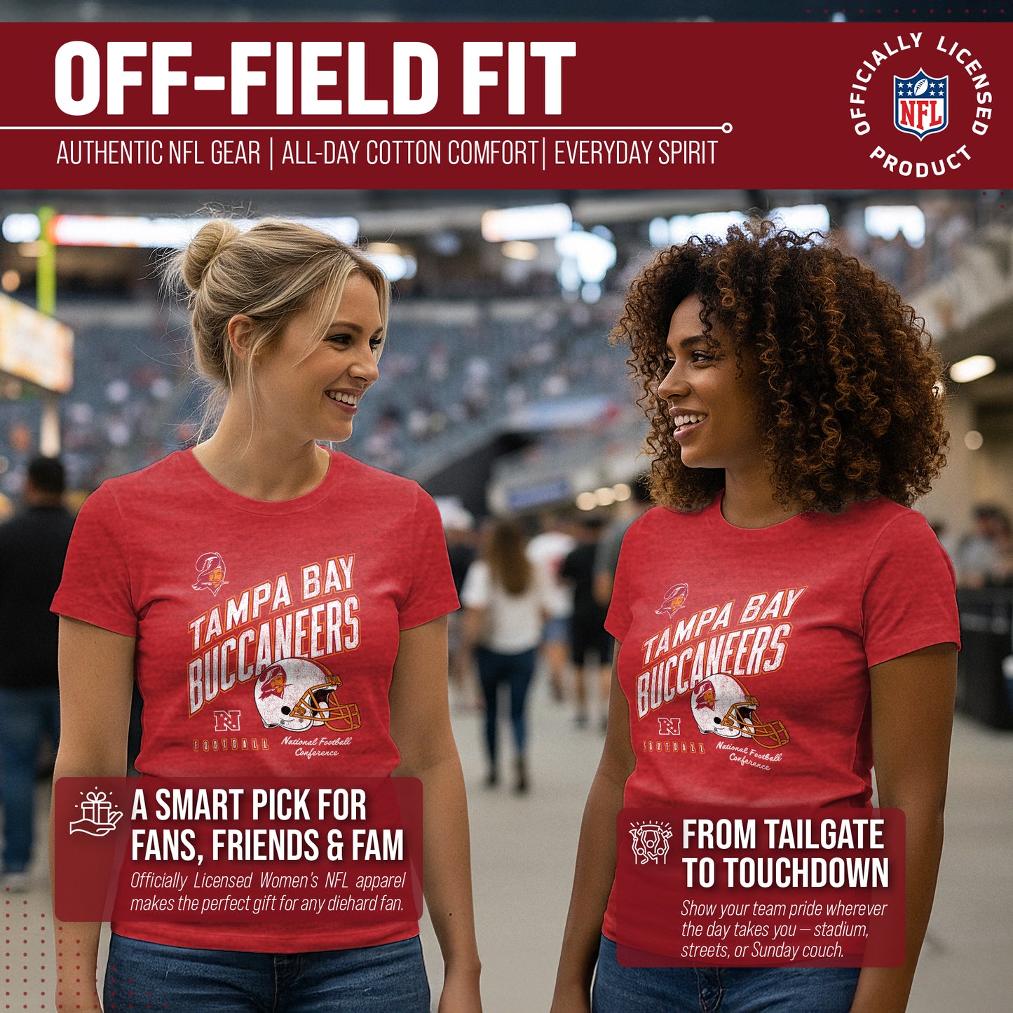 Tampa Bay Buccaneers NFL Womens Distressed Helmet Tag-Less Soft T-Shirt - Red Heather