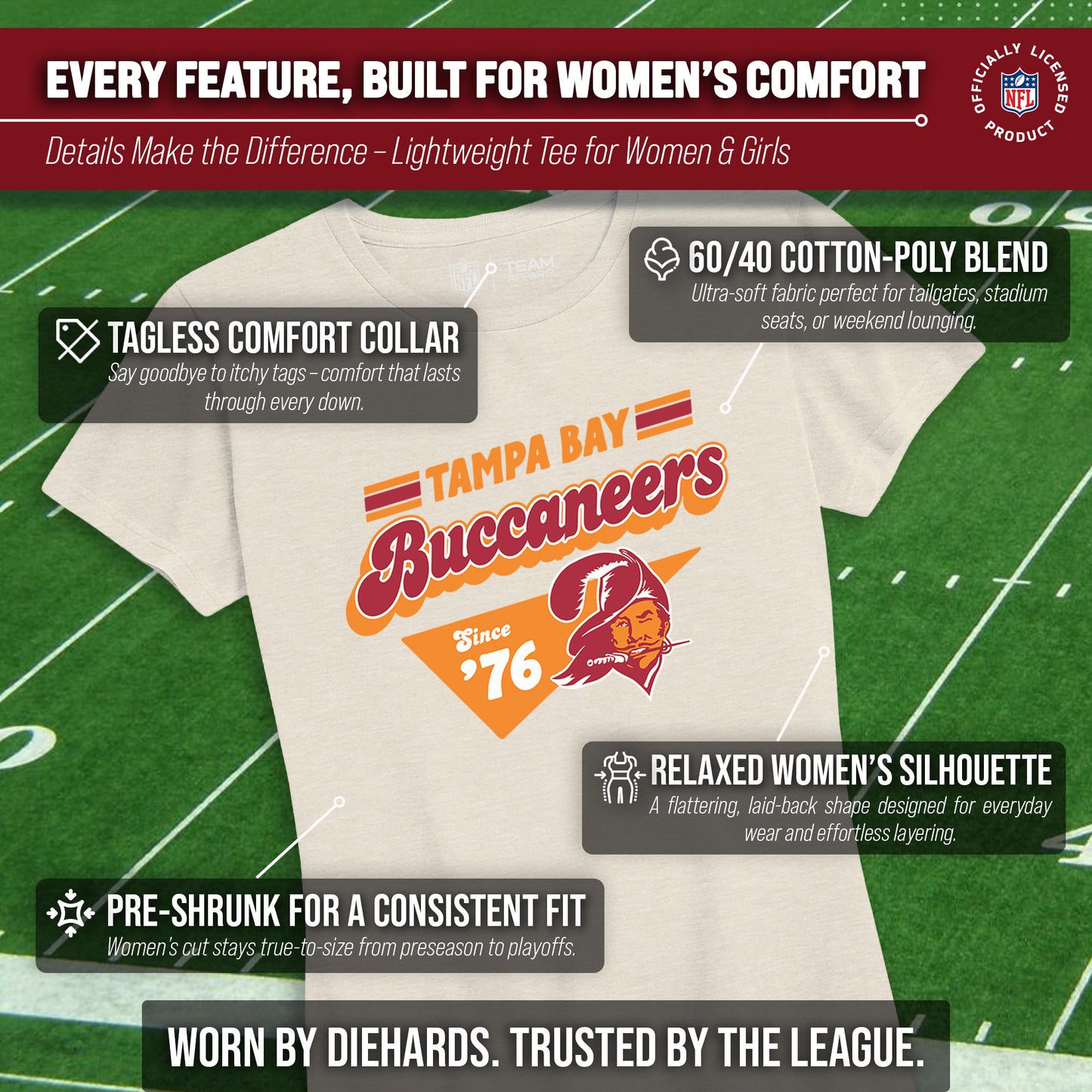 Tampa Bay Buccaneers NFL Womens Vintage Charm Tag-Less Soft T-Shirt - Birch