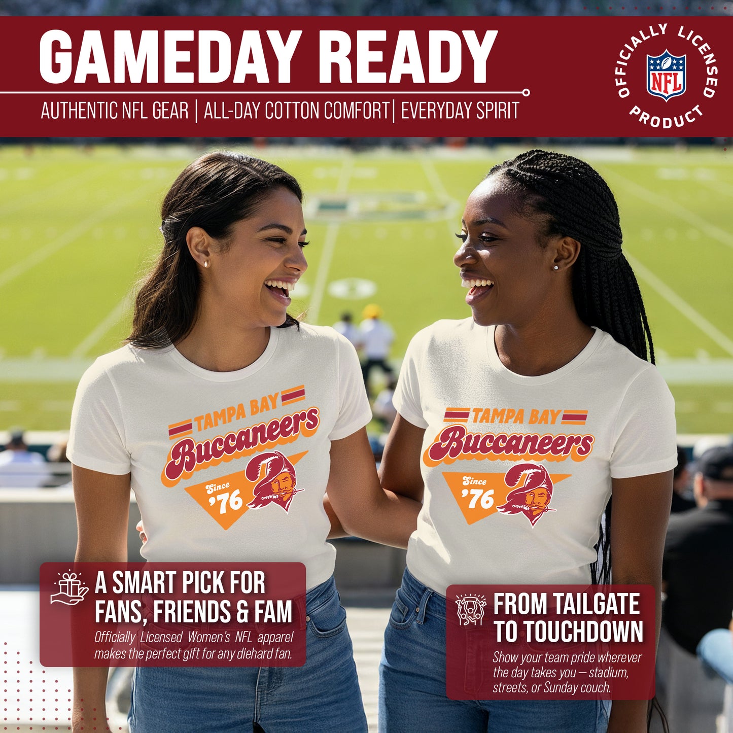 Tampa Bay Buccaneers NFL Womens Vintage Charm Tag-Less Soft T-Shirt - Birch