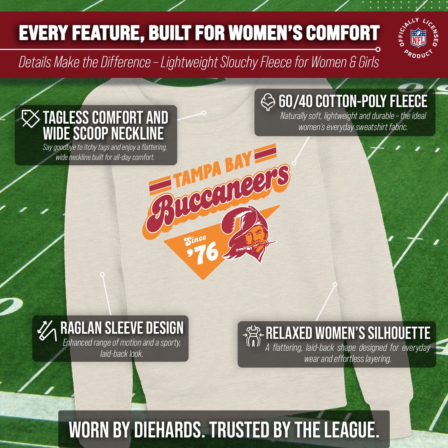 Tampa Bay Buccaneers NFL Womens Vintage Charm Slouchy Crewneck - Birch