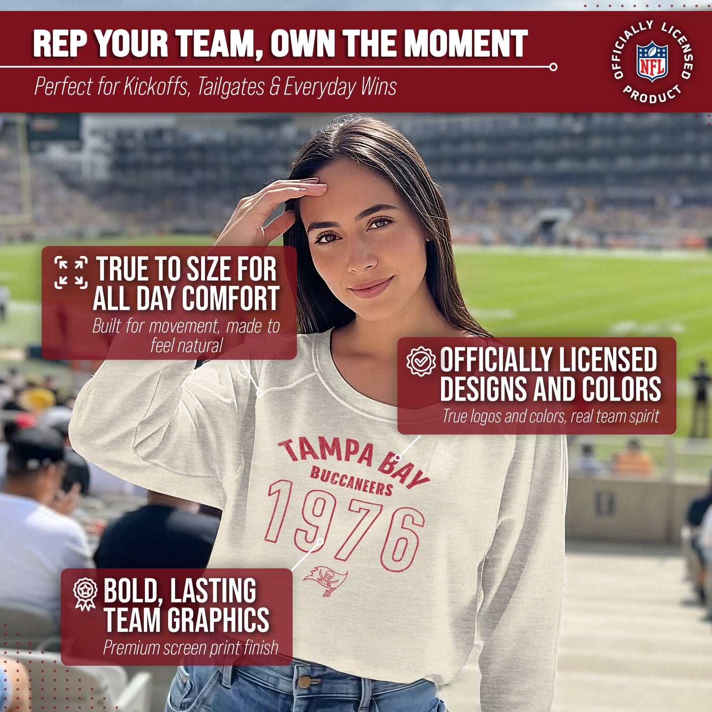 Tampa Bay Buccaneers NFL Womens Big Date Slouchy Crewneck - Natural