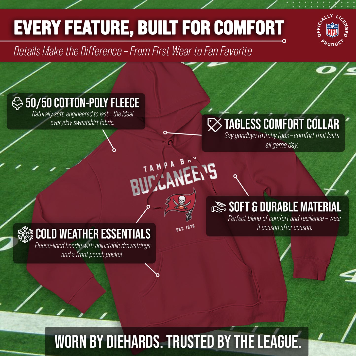 Tampa Bay Buccaneers Adult NFL Diagonal Fade Fleece Hooded Sweatshirt - Cardinal