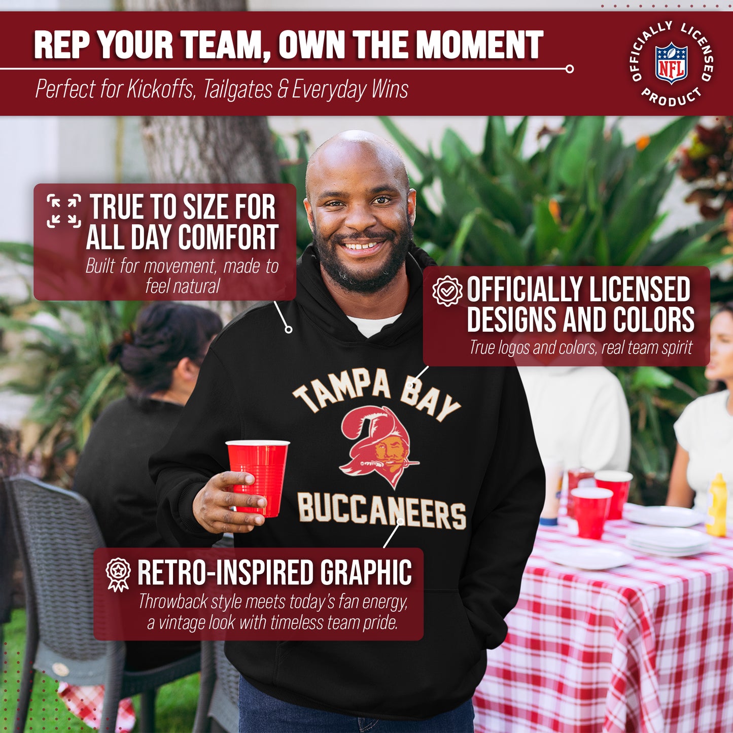 Tampa Bay Buccaneers NFL Adult Unisex Retro Gameday Ultra Soft Fleece Hooded Sweatshirt - Black