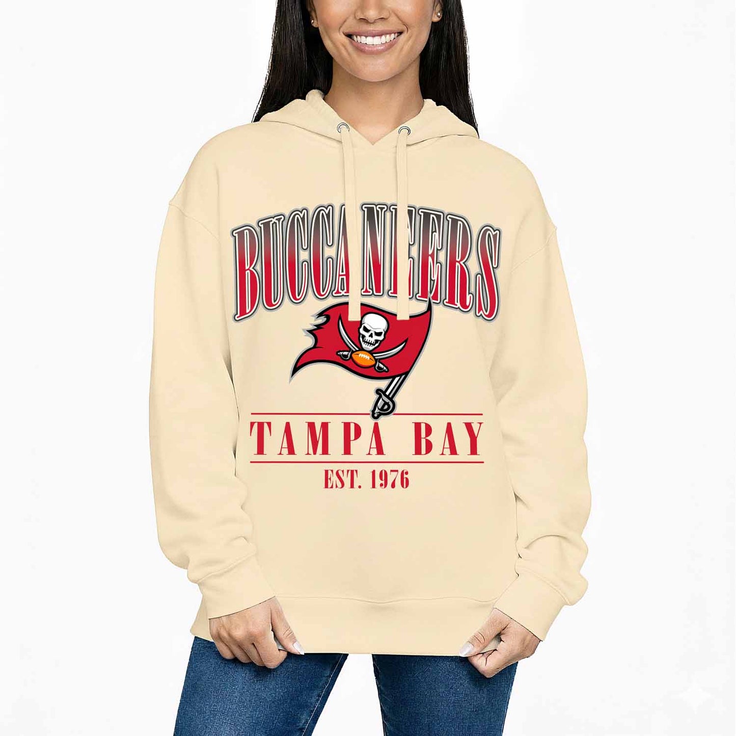 Tampa Bay Buccaneers Ladies NFL Starstruck Fleece Pullover Hooded Sweatshirt - Cream