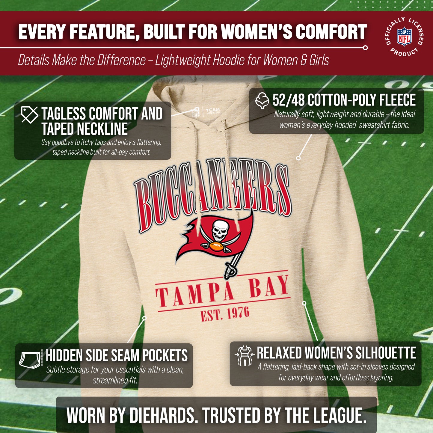 Tampa Bay Buccaneers Ladies NFL Starstruck Fleece Pullover Hooded Sweatshirt - Cream