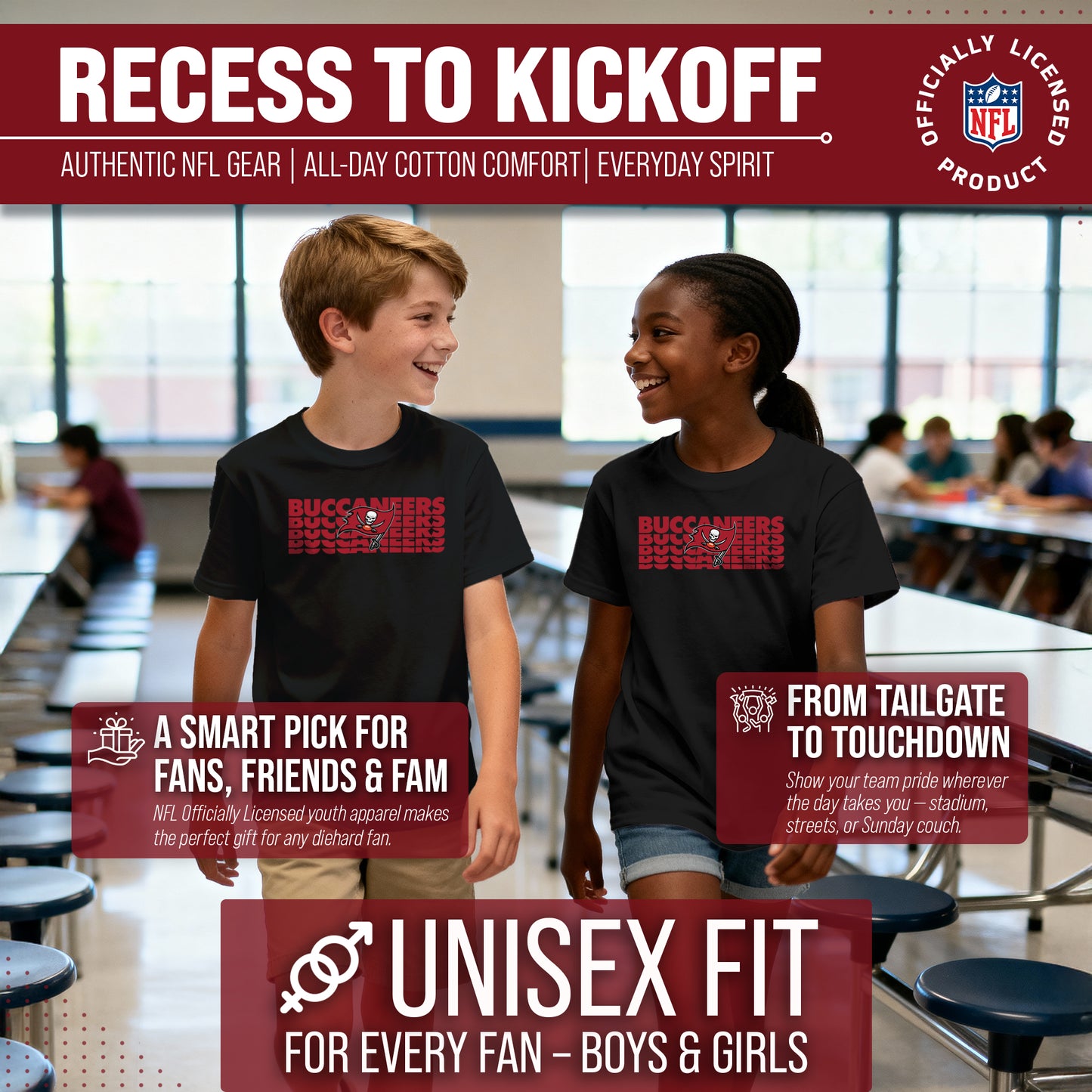 Tampa Bay Buccaneers NFL Youth Repeating Logo Football T-Shirt Unisex Tag Free Comfortable - Black