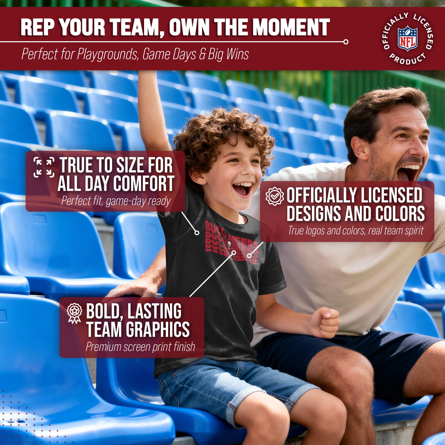 Tampa Bay Buccaneers NFL Youth Repeating Logo Football T-Shirt Unisex Tag Free Comfortable - Black