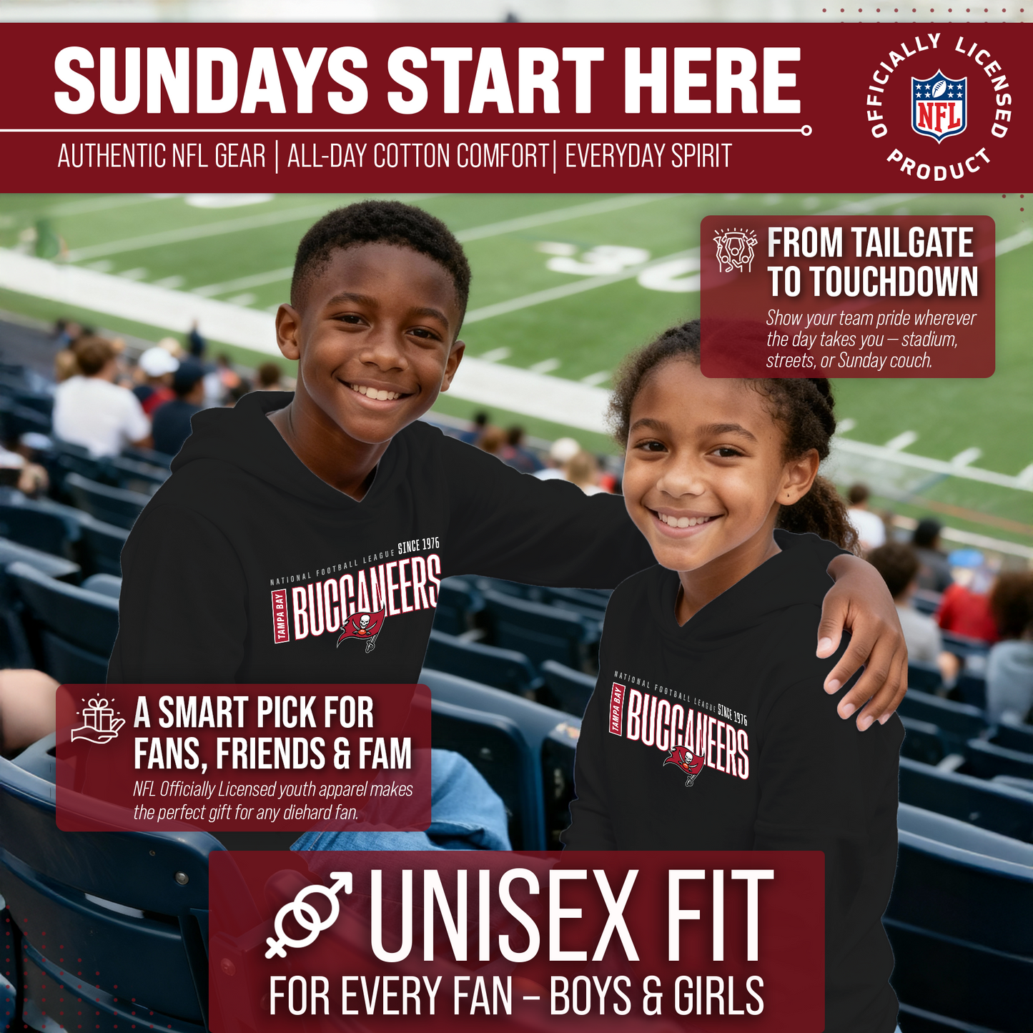 Tampa Bay Buccaneers NFL Youth Modern Endzone Football Fleece Hooded Sweatshirt - Black