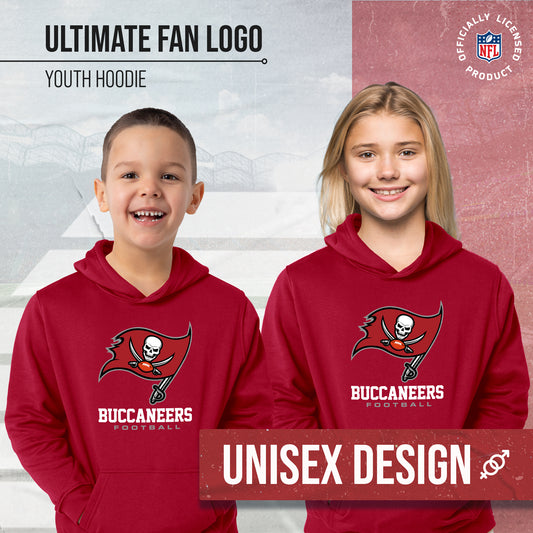 Tampa Bay Buccaneers Youth NFL Ultimate Fan Logo Fleece Hooded Sweatshirt -Tagless Football Pullover For Kids - Cardinal
