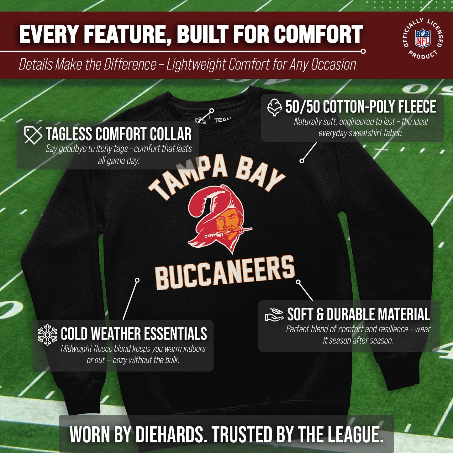 Tampa Bay Buccaneers NFL Adult Unisex Retro Gameday Ultra Soft Fleece Crewneck Sweatshirt - Black