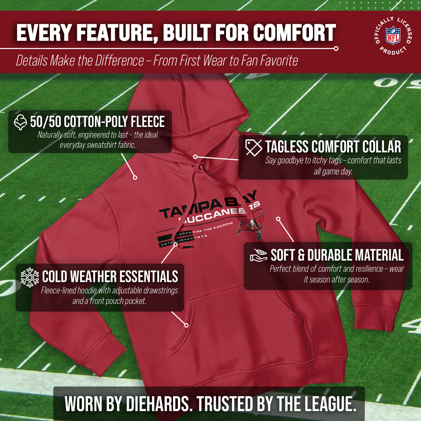 Tampa Bay Buccaneers Adult NFL Speed Stat Sheet Fleece Hooded Sweatshirt - Cardinal