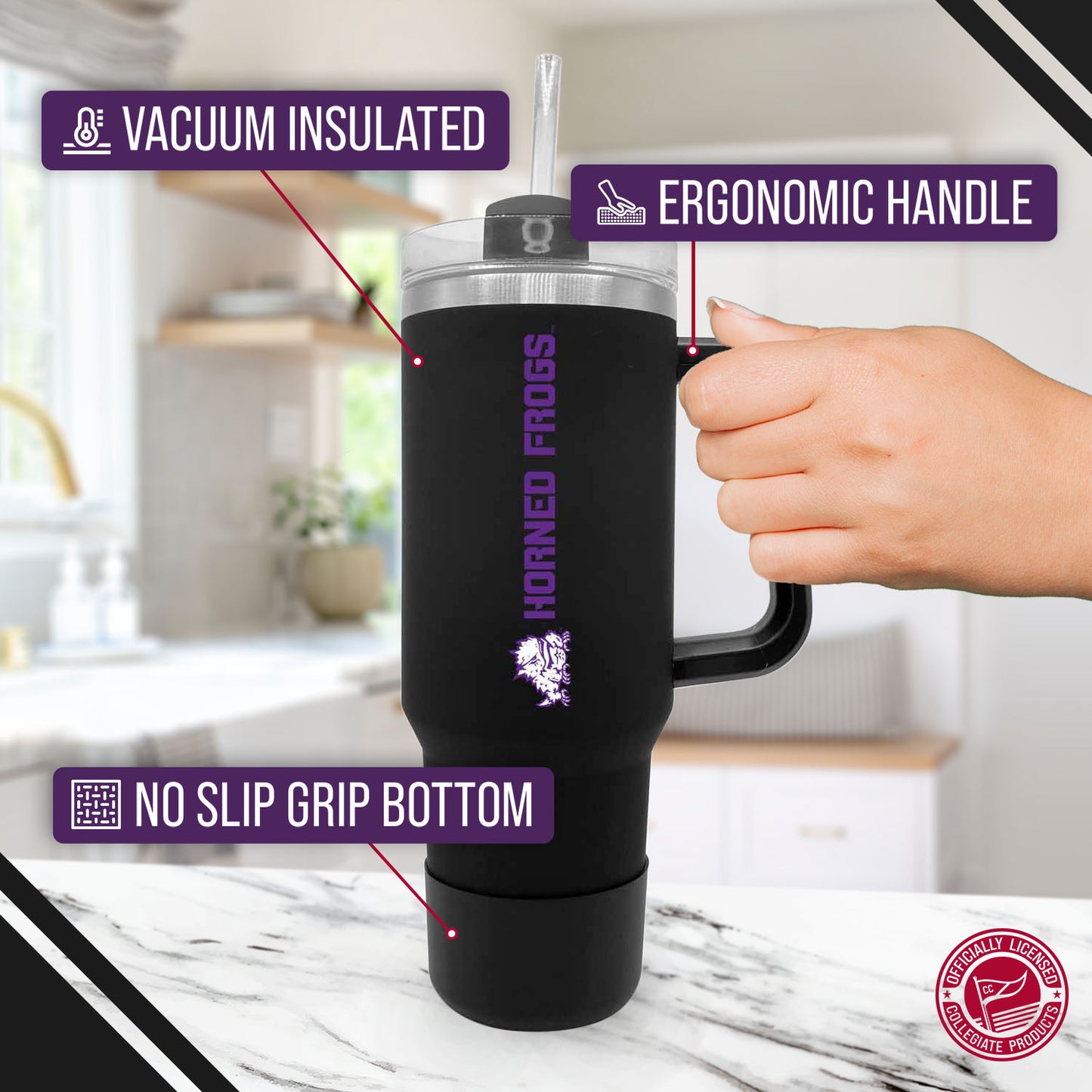 TCU Horned Frogs College & University 40 oz Travel Tumbler With Handle - Black