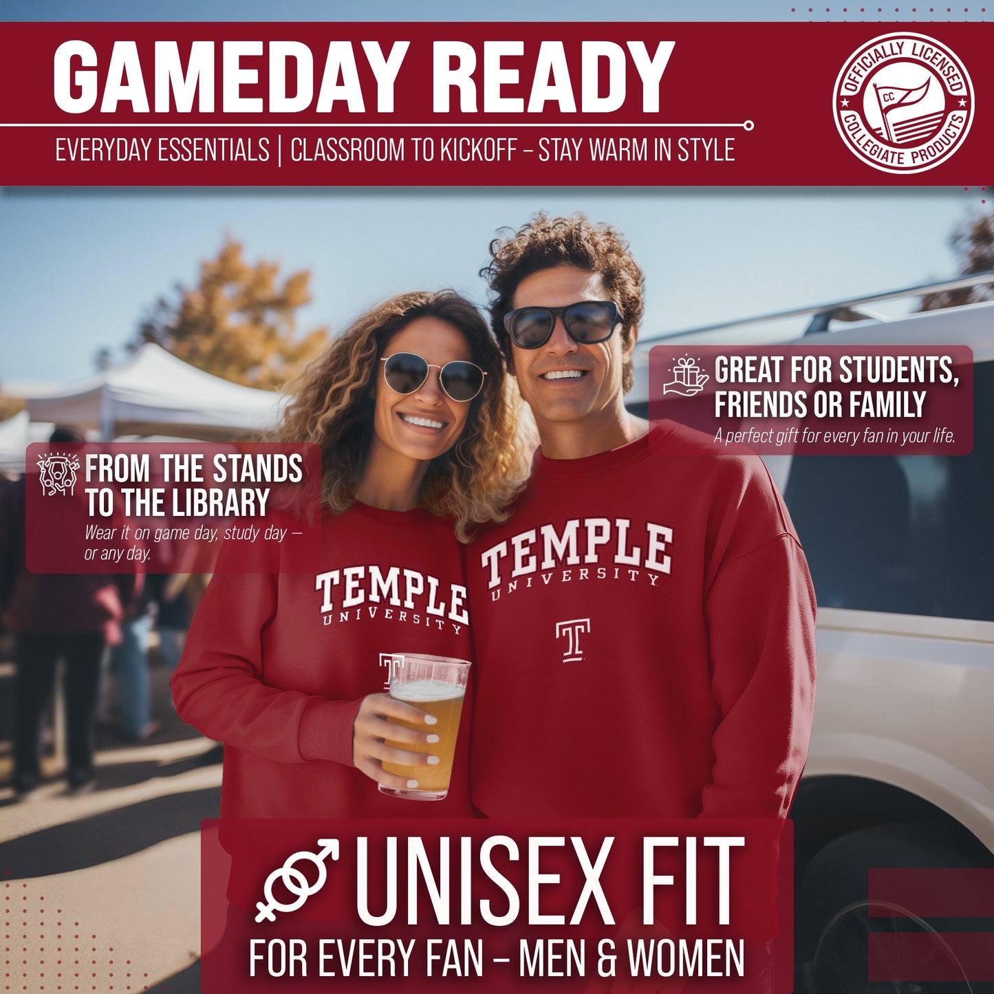 Temple Owls Adult Arch & Logo Soft Style Gameday Crewneck Sweatshirt - Maroon