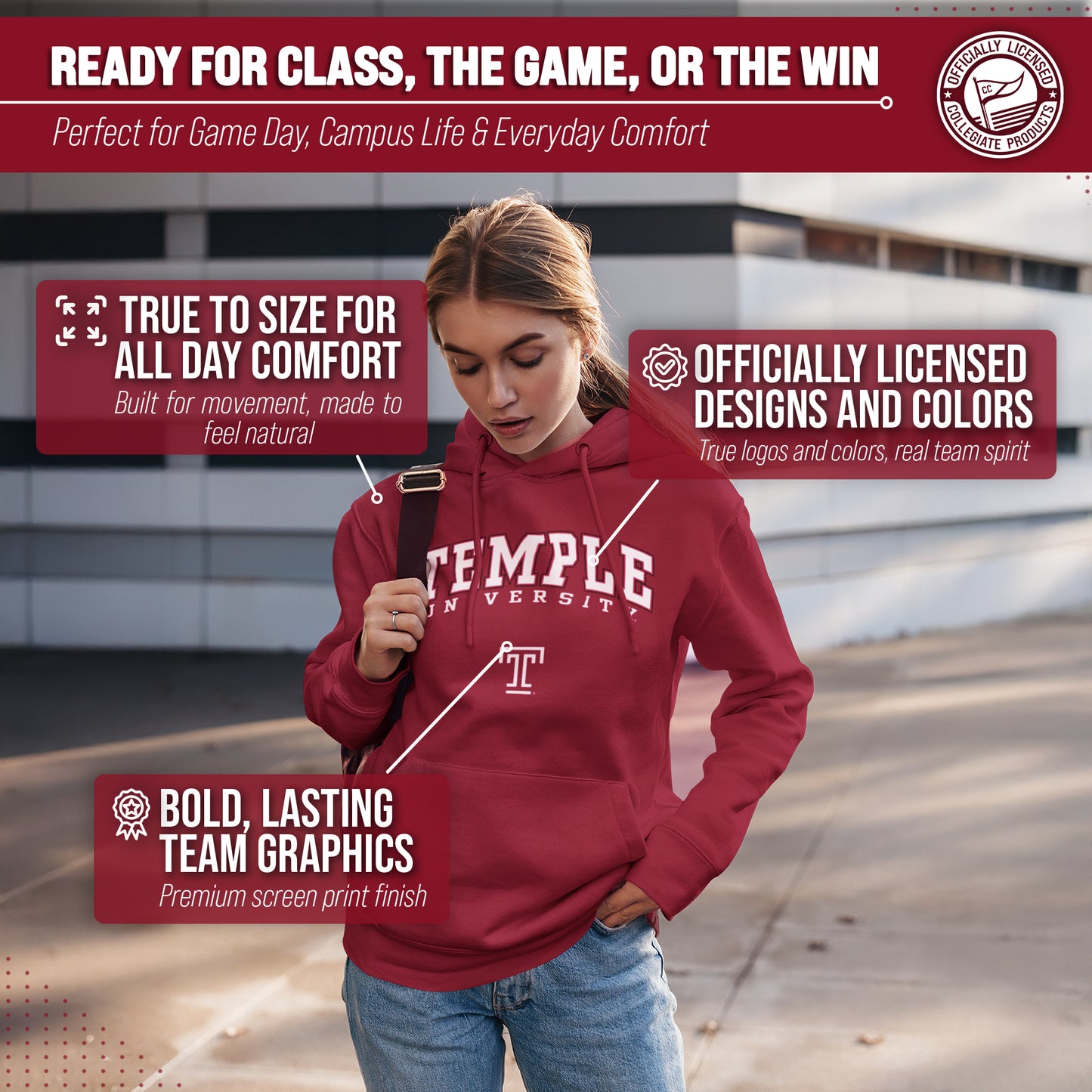 Temple Owls Adult Arch & Logo Soft Style Gameday Hooded Sweatshirt - Maroon
