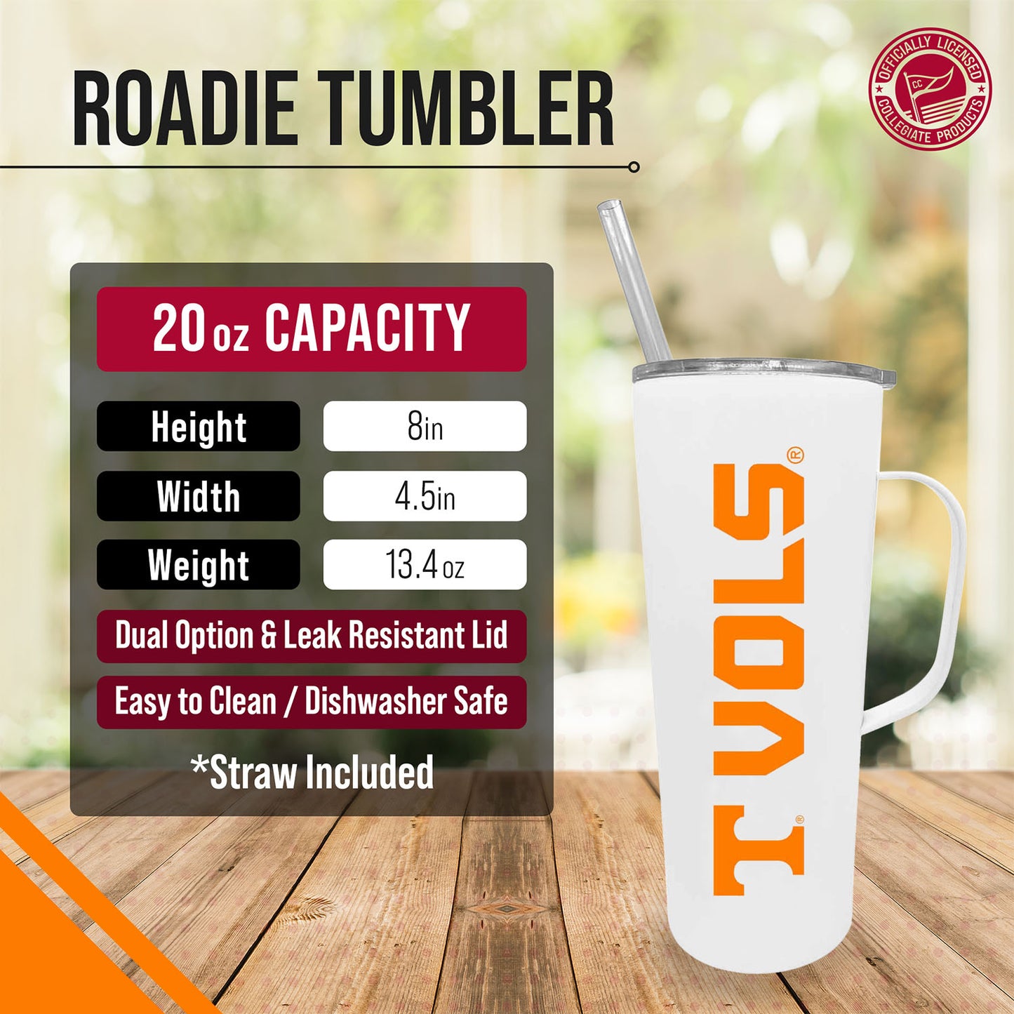 Tennessee Volunteers NCAA Stainless Steel 20oz Roadie With Handle & Dual Option Lid With Straw - White