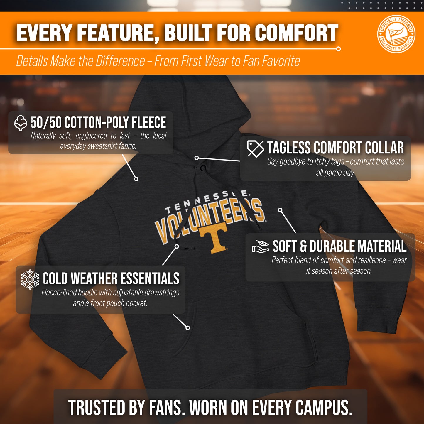 Tennessee Volunteers NCAA Adult Unisex Starting Fresh Heathered Hooded Fleece Sweatshirt - Black Heather