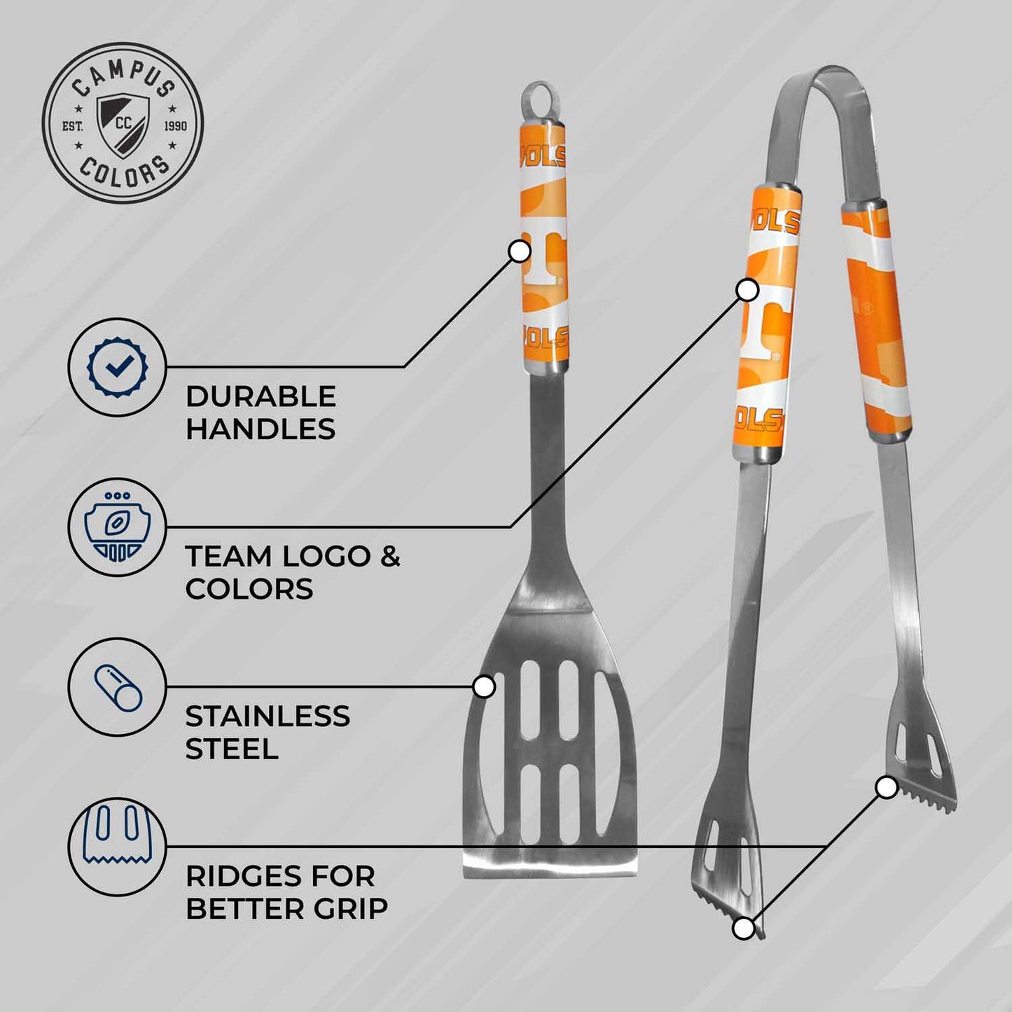 Tennessee Volunteers Collegiate University Two Piece Grilling Tools Set with 2 Magnet Chip Clips - Chrome