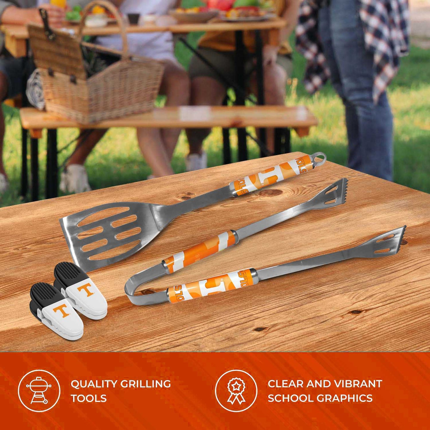 Tennessee Volunteers Collegiate University Two Piece Grilling Tools Set with 2 Magnet Chip Clips - Chrome