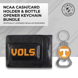 Tennessee Volunteers School Logo Leather Card/Cash Holder and Bottle Opener Keychain Bundle - Black