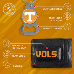 Tennessee Volunteers School Logo Leather Card/Cash Holder and Bottle Opener Keychain Bundle - Black