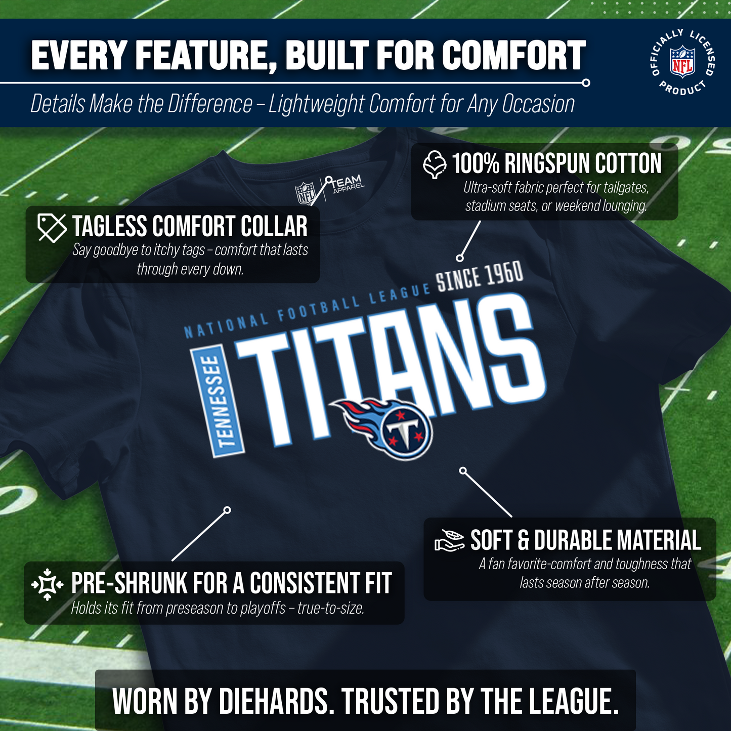 Tennessee Titans NFL Youth Modern Endzone Football T-Shirt Unisex Tag Free Comfortable - Navy