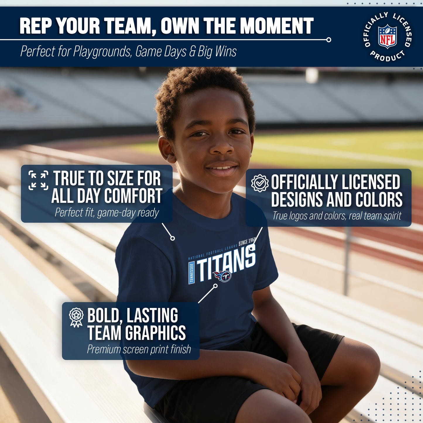 Tennessee Titans NFL Youth Modern Endzone Football T-Shirt Unisex Tag Free Comfortable - Navy