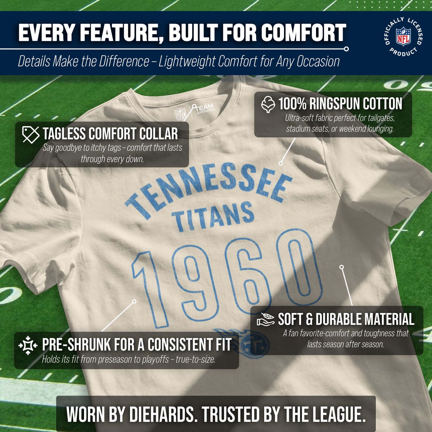 Tennessee Titans NFL Adult Big Date Tag-Less T-Shirt - Natural