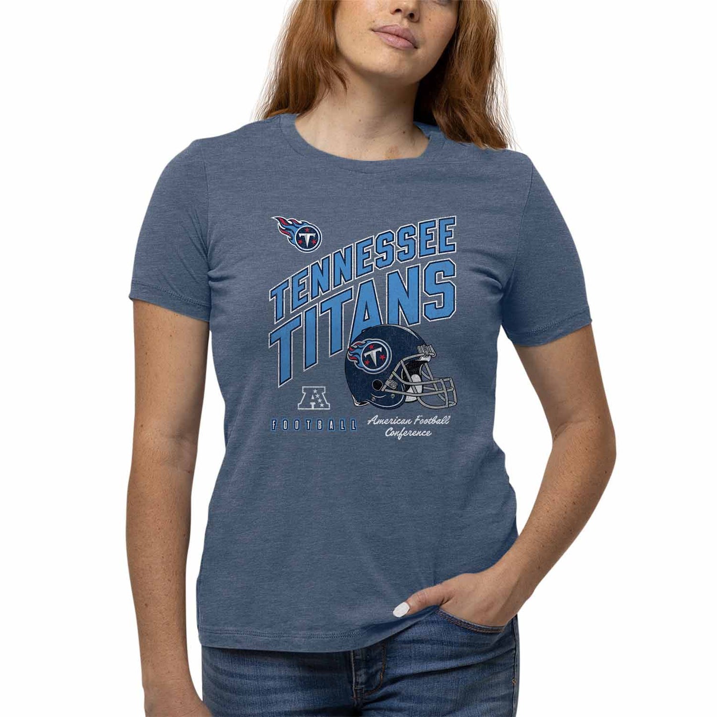 Tennessee Titans NFL Womens Distressed Helmet Tag-Less Soft T-Shirt - Blue Heather