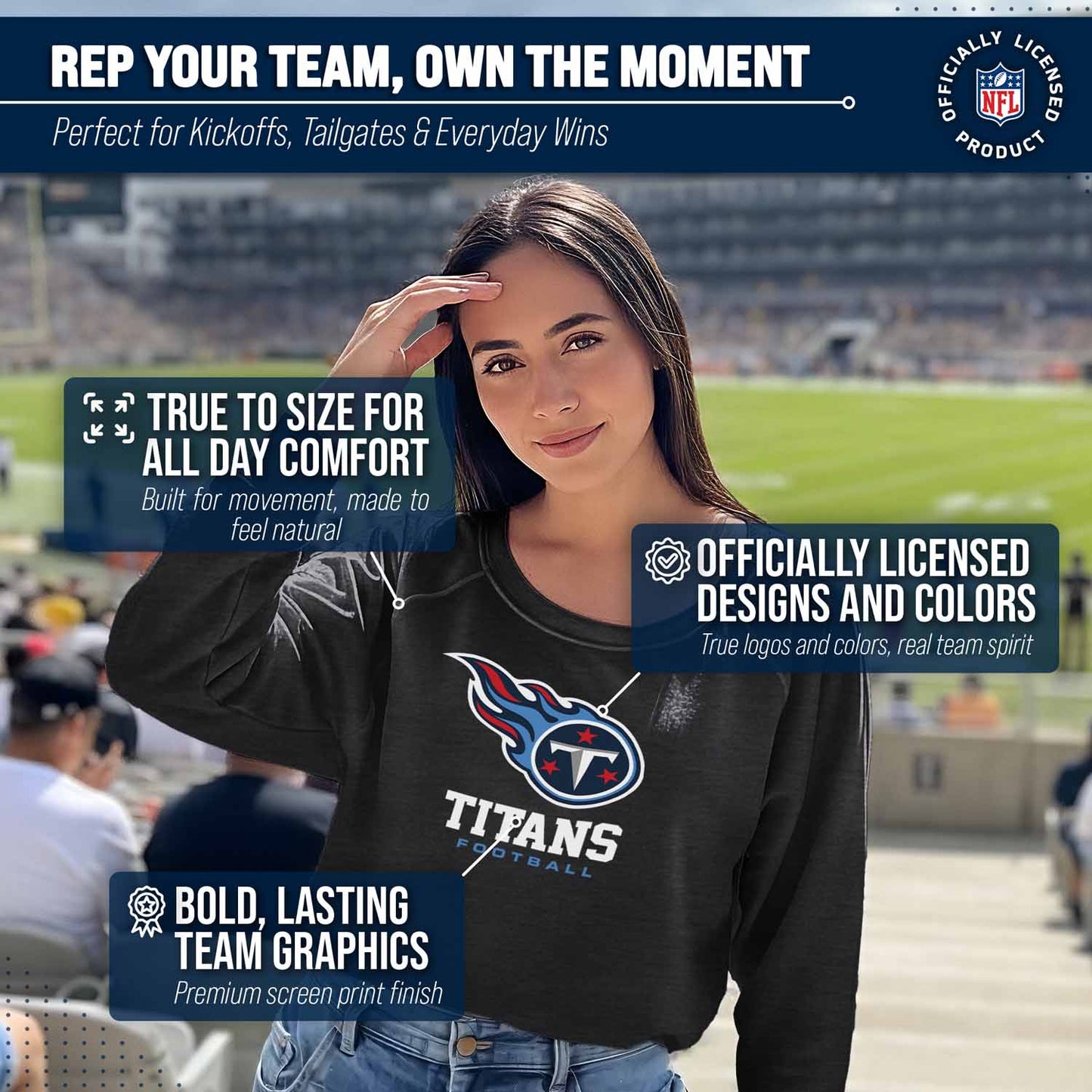 Tennessee Titans Women's NFL Ultimate Fan Logo Slouchy Crewneck -Tagless Fleece Lightweight Pullover - Charcoal
