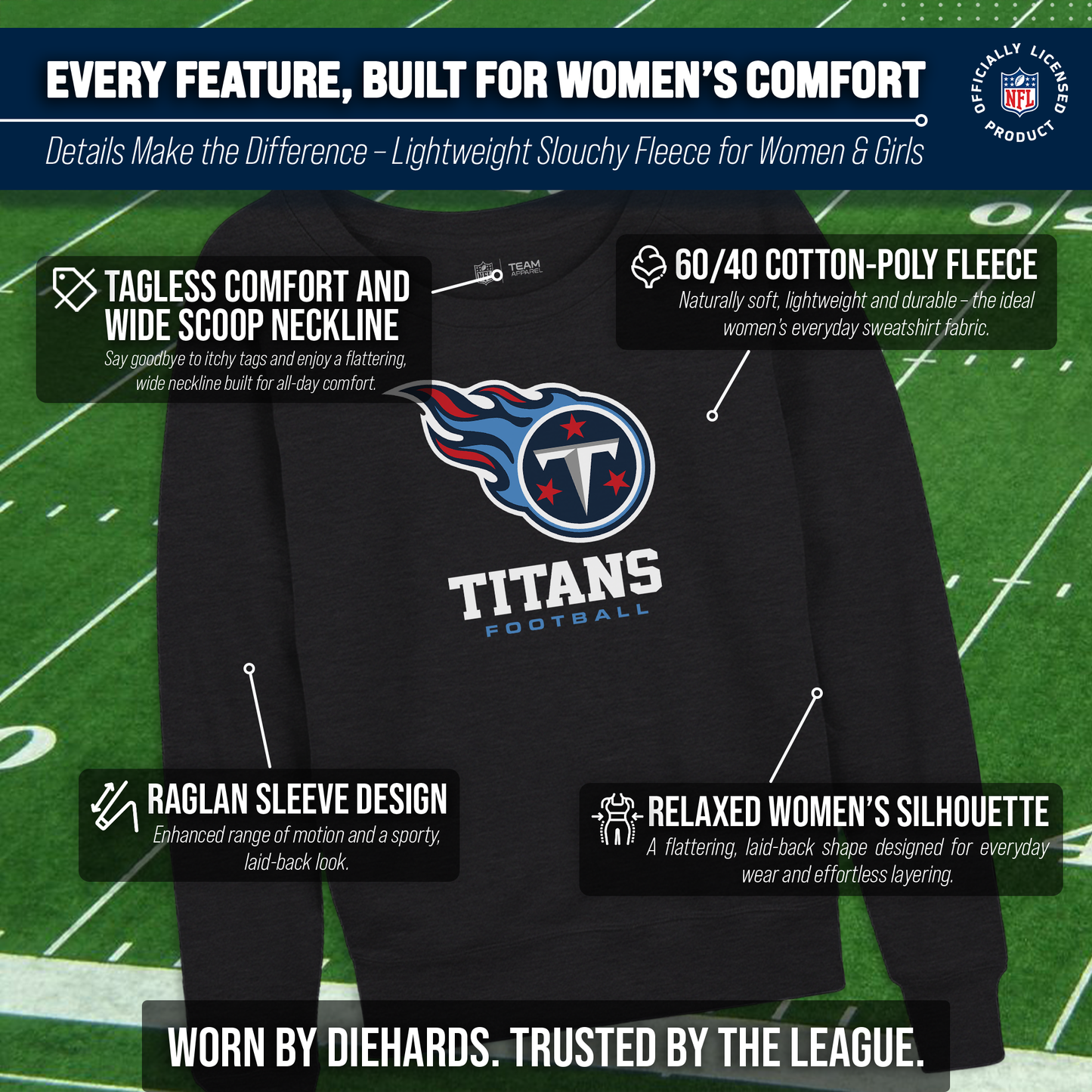 Tennessee Titans Women's NFL Ultimate Fan Logo Slouchy Crewneck -Tagless Fleece Lightweight Pullover - Charcoal
