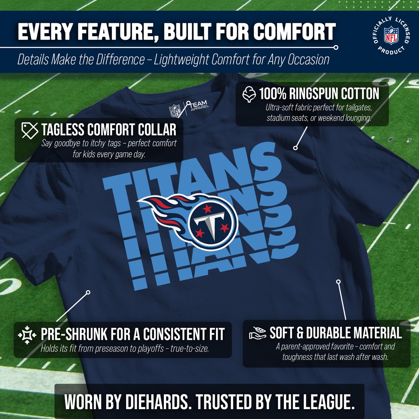 Tennessee Titans NFL Youth Repeating Logo Football T-Shirt Unisex Tag Free Comfortable - Navy