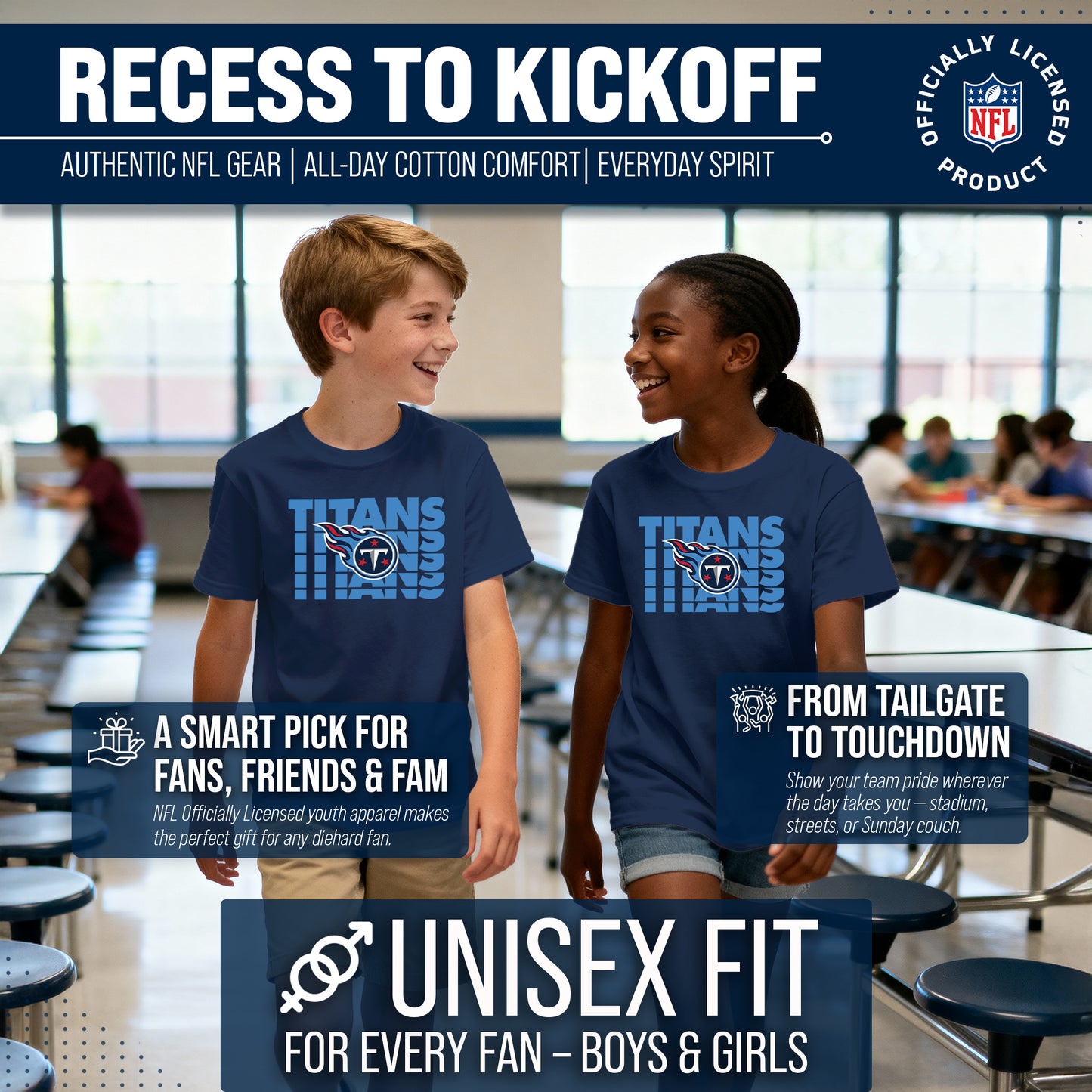 Tennessee Titans NFL Youth Repeating Logo Football T-Shirt Unisex Tag Free Comfortable - Navy