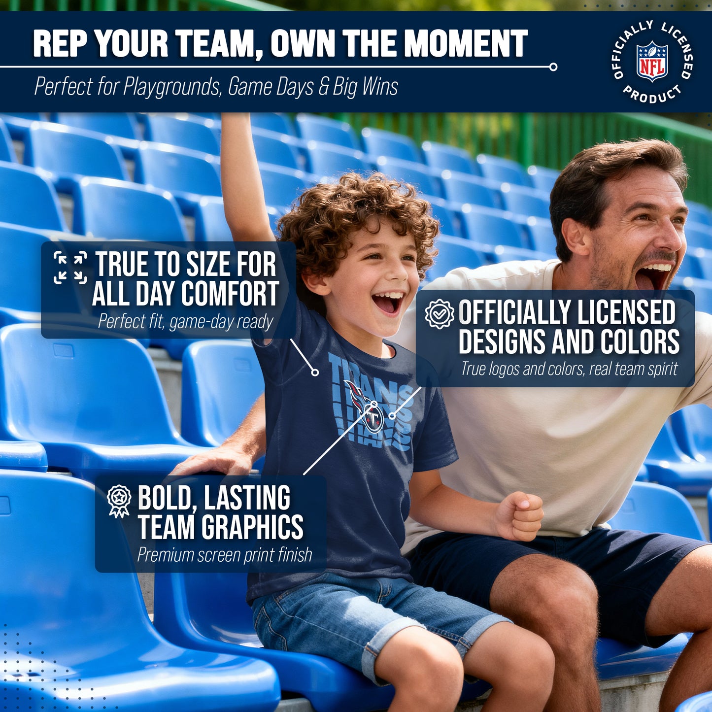 Tennessee Titans NFL Youth Repeating Logo Football T-Shirt Unisex Tag Free Comfortable - Navy