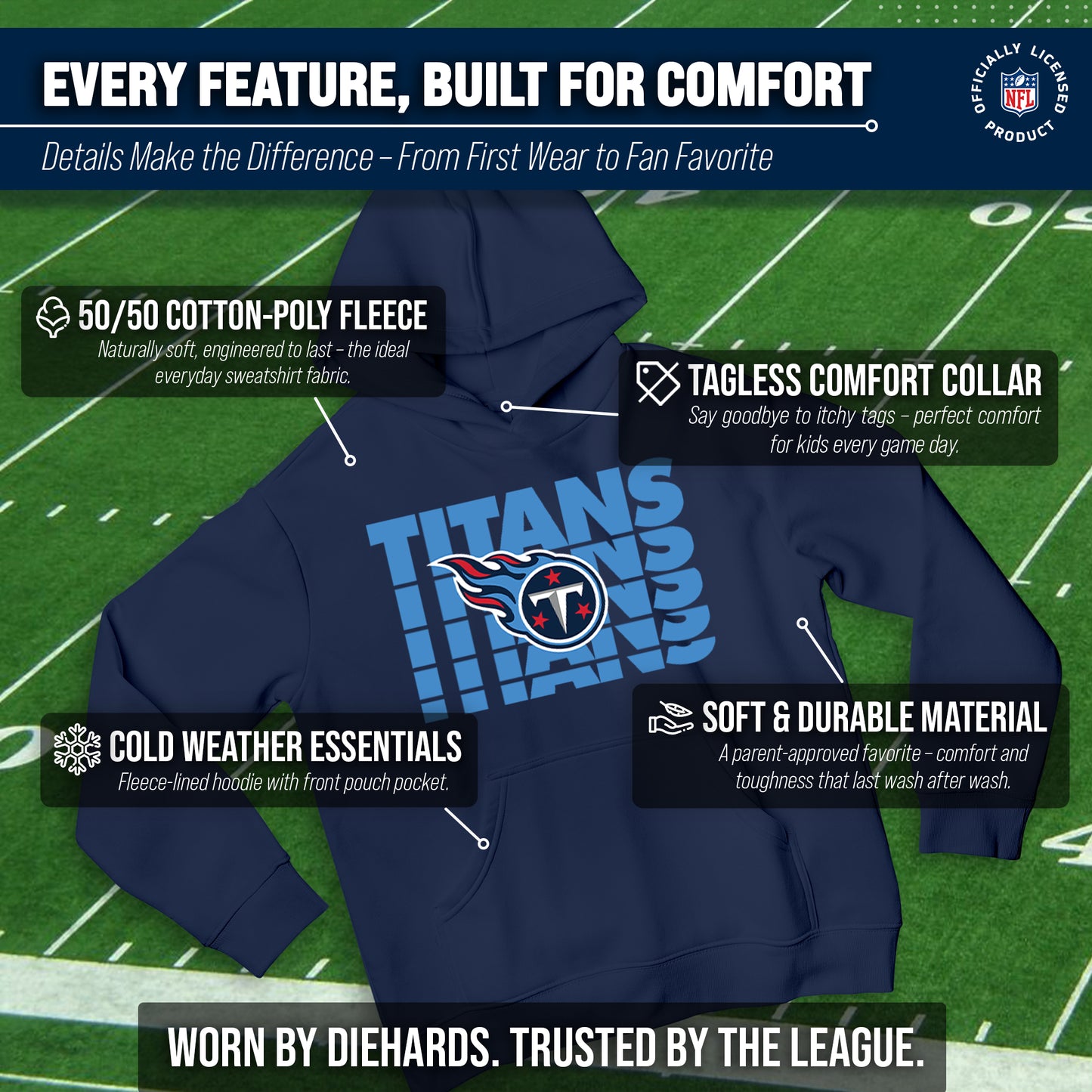 Tennessee Titans NFL Youth Repeating Logo Football Fleece Hooded Sweatshirt - Navy