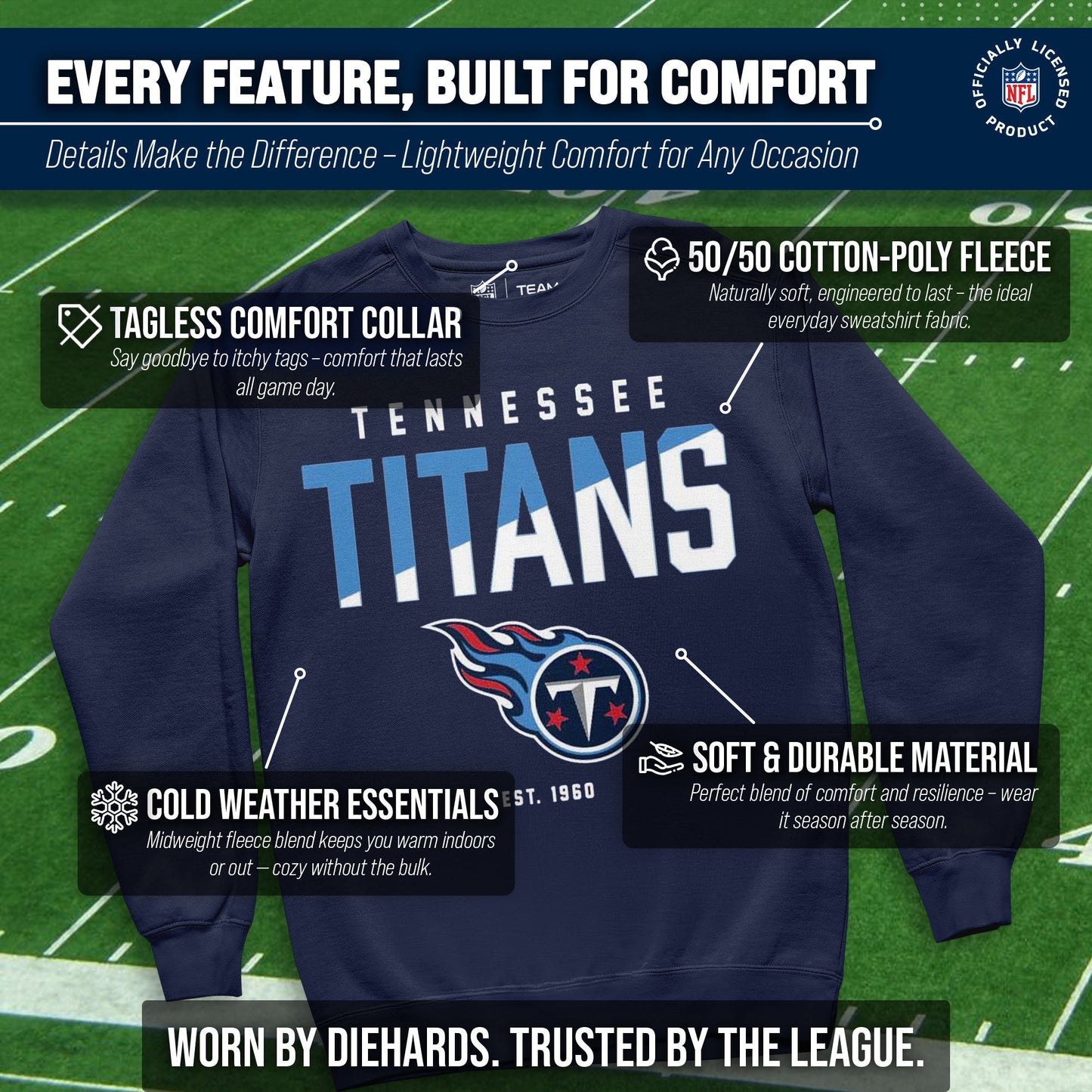 Tennessee Titans Adult NFL Diagonal Fade Color Block Crewneck Sweatshirt - Navy