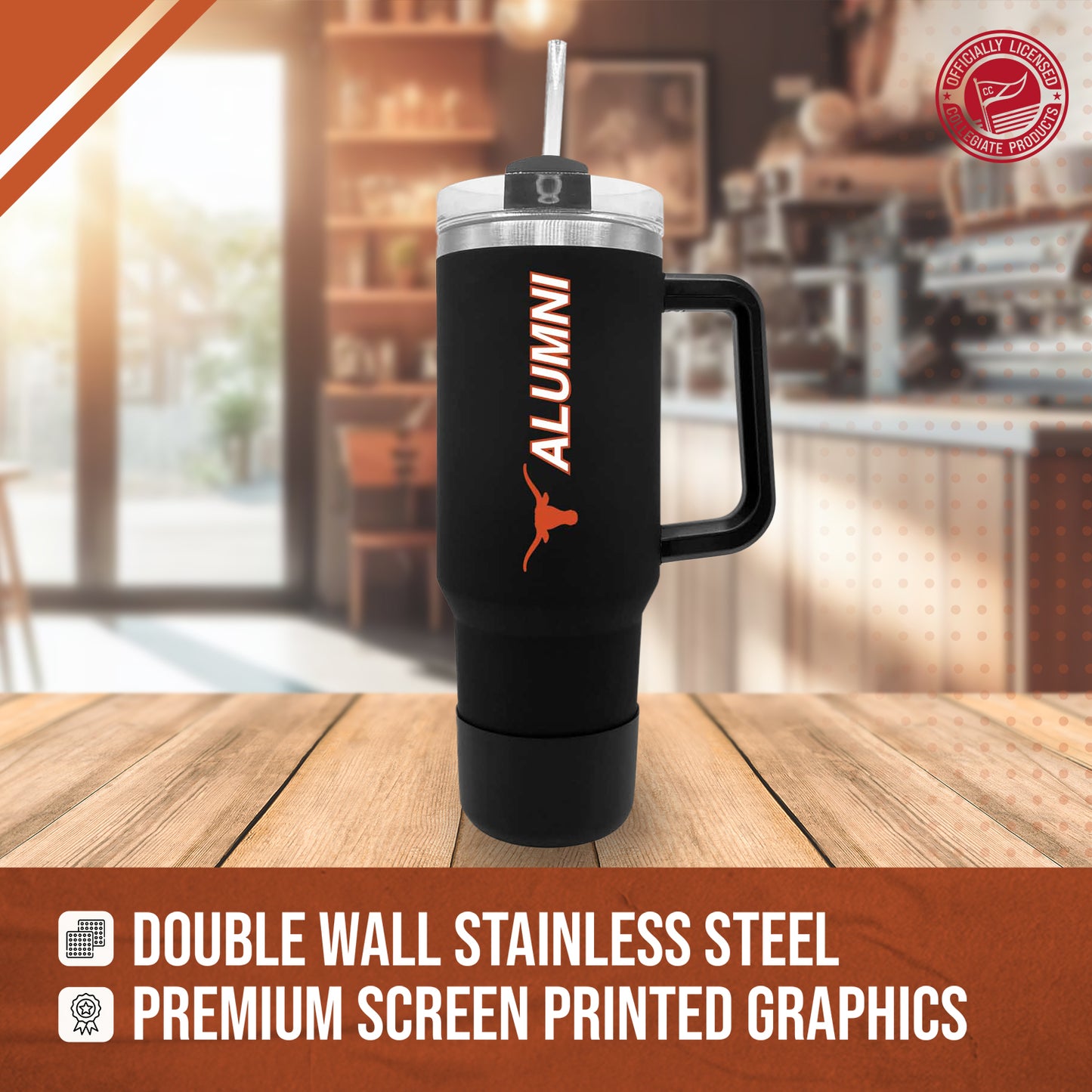 Texas Longhorns Collegiate 40oz Stainless Steel Travel Tumbler with Handle for Alumni - Black
