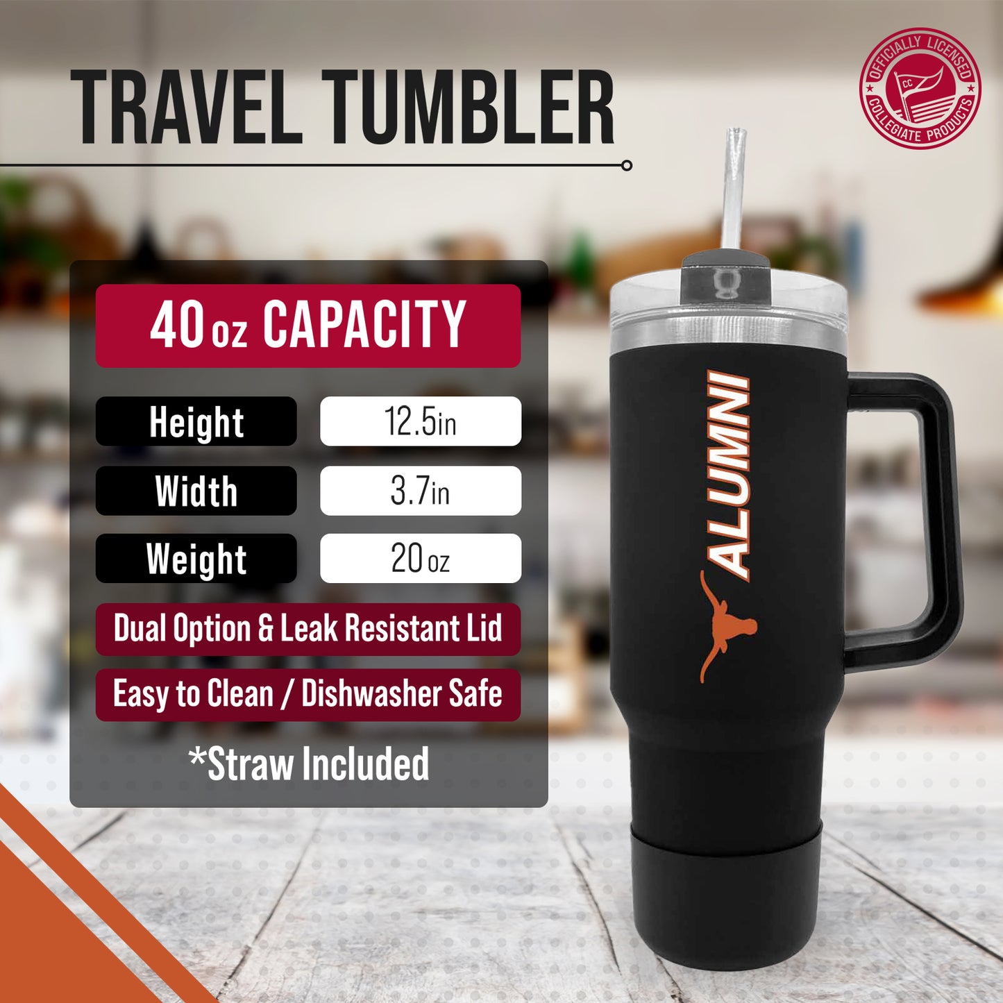 Texas Longhorns Collegiate 40oz Stainless Steel Travel Tumbler with Handle for Alumni - Black