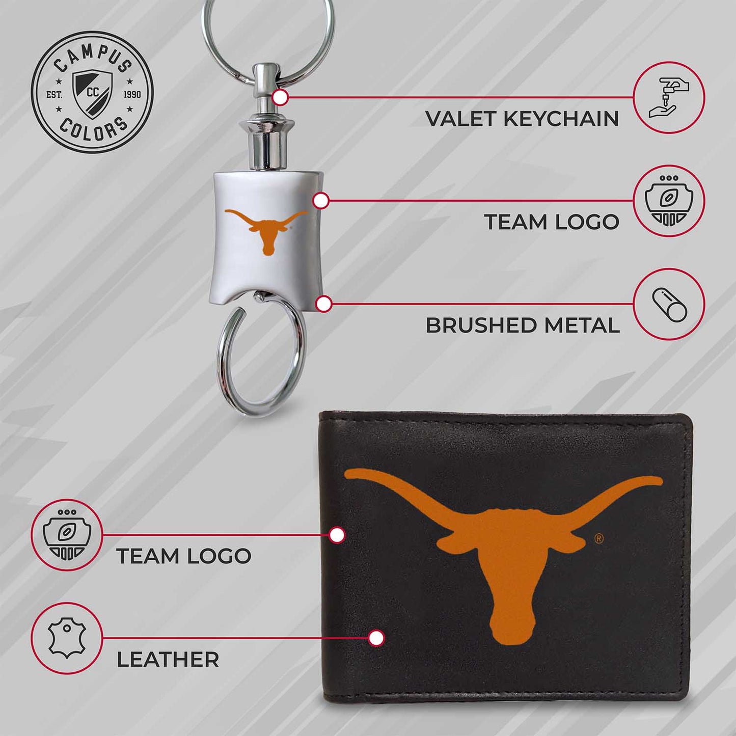 Texas Longhorns University Team Logo Mens Bi Fold Wallet and Unisex Valet Keychain Bundle - Black