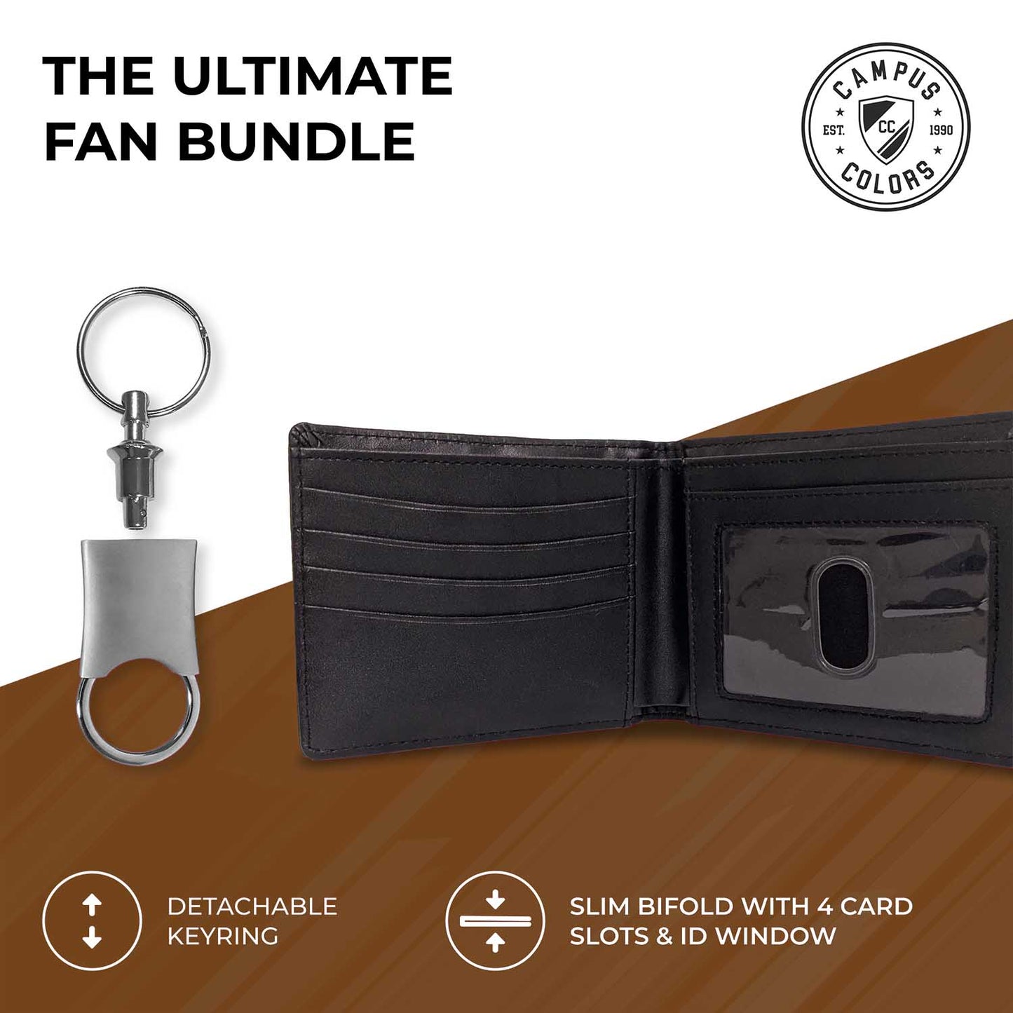 Texas Longhorns University Team Logo Mens Bi Fold Wallet and Unisex Valet Keychain Bundle - Black