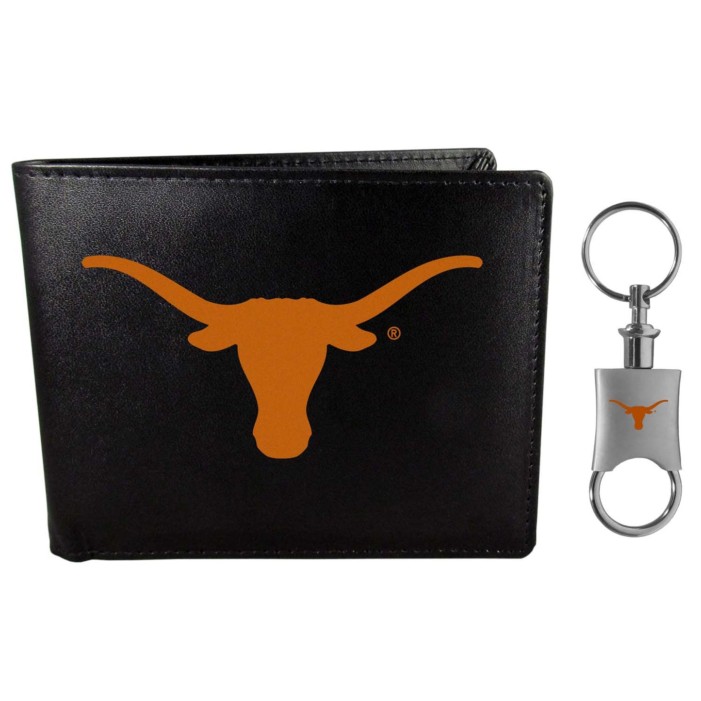 Texas Longhorns University Team Logo Mens Bi Fold Wallet and Unisex Valet Keychain Bundle - Black