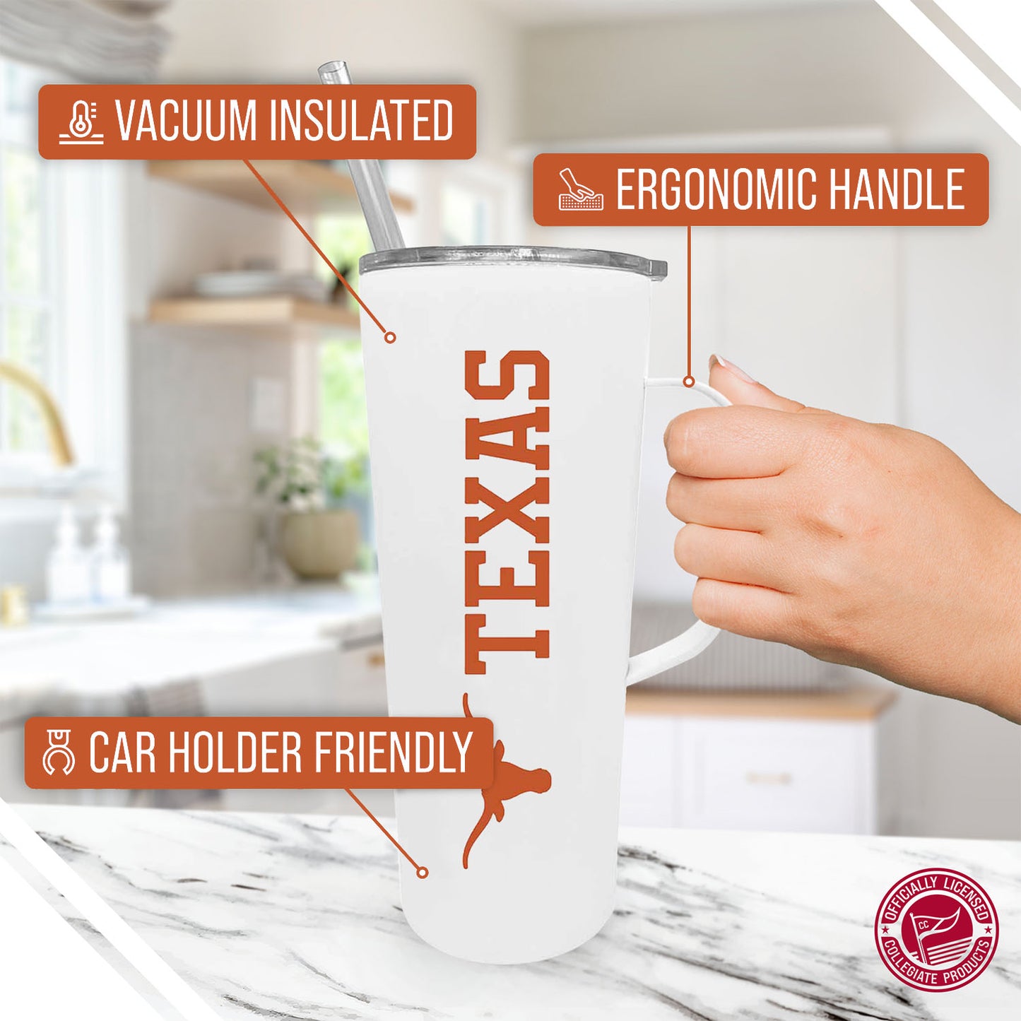 Texas Longhorns NCAA Stainless Steel 20oz Roadie With Handle & Dual Option Lid With Straw - White