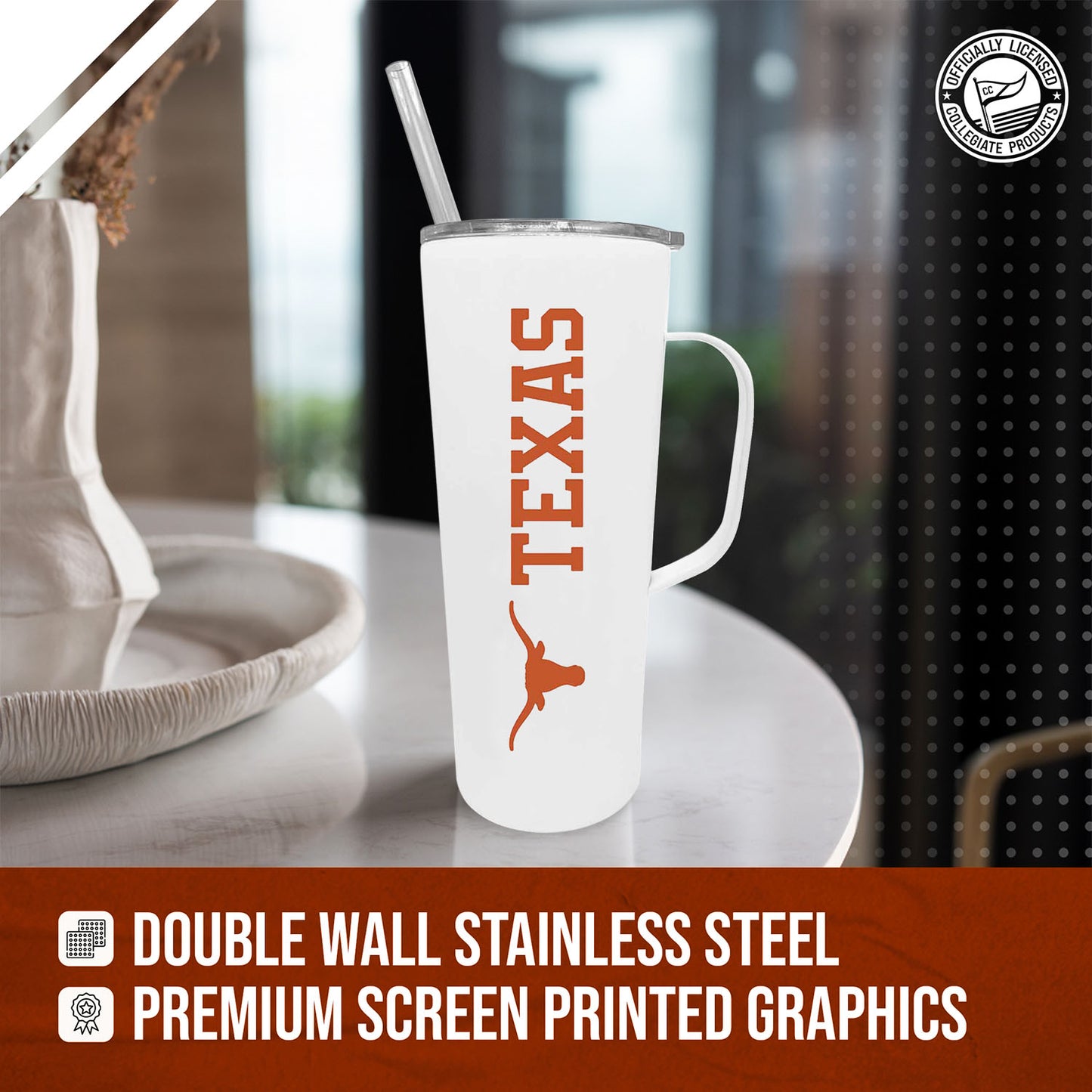 Texas Longhorns NCAA Stainless Steel 20oz Roadie With Handle & Dual Option Lid With Straw - White
